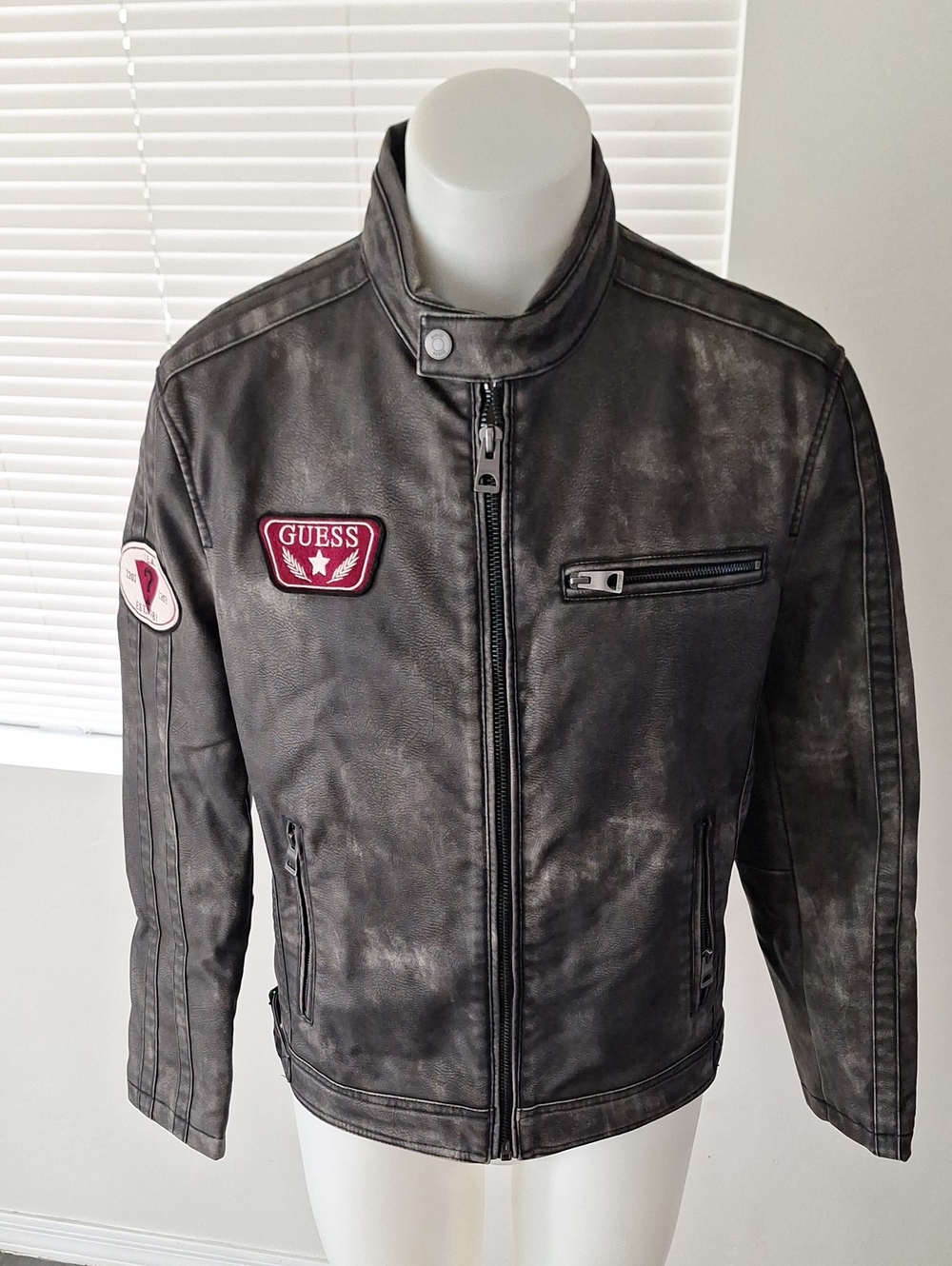 Guess Black Distressed Leather Bomber Aviator Jacket with Red Patch